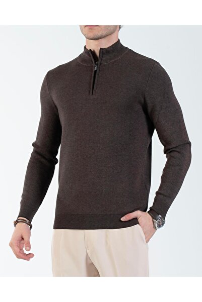 TerziAdemAltun Italian Style S Slim Fit Men's Half-High Collar Zipper Knitwear Sweater Brown T14870