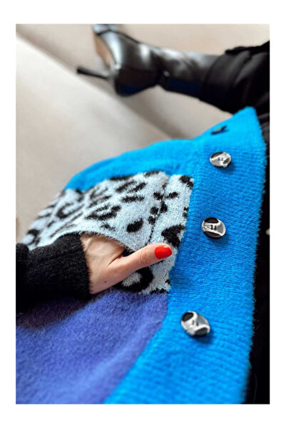 Namaste Vintage Blue Stripe Collar Leopard Detailed Colorful Oversized Yumoş Cardigan