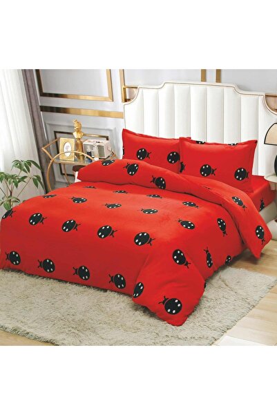 OEM Bed linen, Cocolino, 2 persons, 4 pieces, with elastic, red, with black ladybugs, CC4038