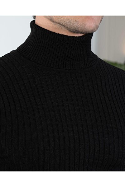 TerziAdemAltun Italian Style S Slim Fit F Corded Fabric High-Neck Knitwear Men's Sweater Black T13148