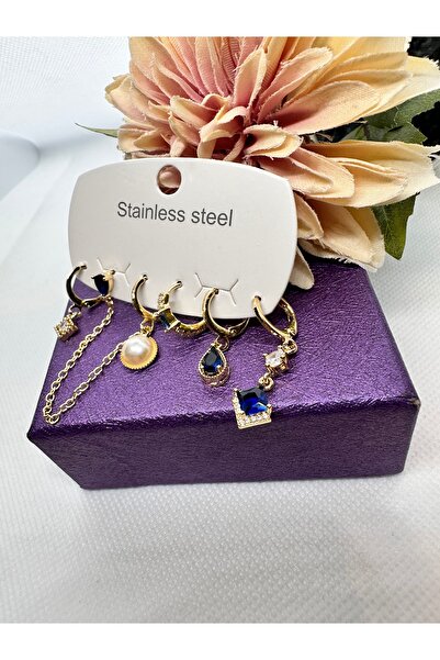 staınless steel Dark Blue Zircon Stone 6 Piece Steel Earring Set