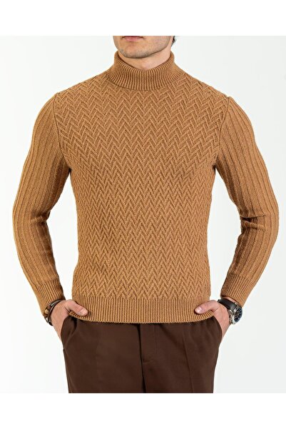 TerziAdemAltun Italian Style S Slim Fit Turtleneck Knitwear Men's Sweater Camel T10606