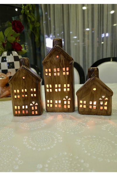 MAMALİZA Ahşap Görünümlü Seramik Ev Mumluk 3’lü Set – Işıklı Dekoratif Mini E...