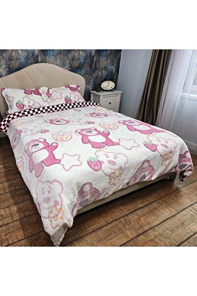 OEM Bed linen, Cocolino, 2 persons, 4 pieces, with elastic, cream and pink, with teddy bears, CC4011