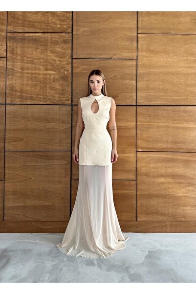 Byİpekce Pare Dress Window Collar Tulle Detailed Long Evening Dress - Wedding, Engagement, Graduation and Special Occasions