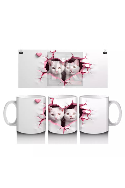 Wisdom Rain Double Cat Figure in Pink Heart Pattern – Printed Mug