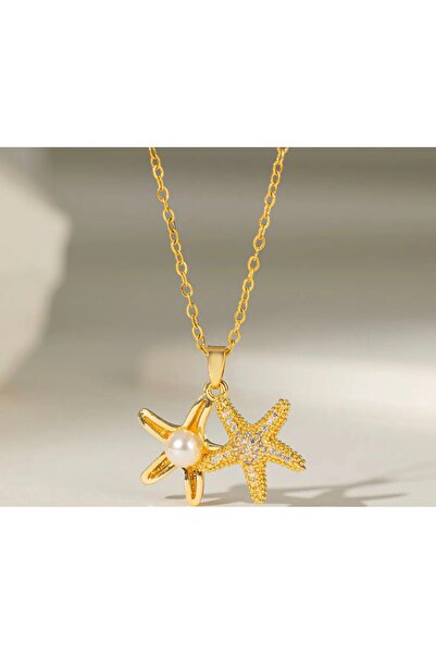 Panelya Paslanmaz Çelik Deniz Yıldızı İnci Detay Zirkon Taşlı Kadın Kolye