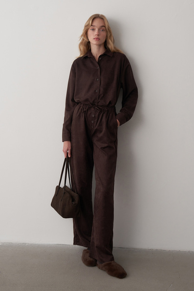 Mathilda Store Acı Kahve Süet Düğme Detaylı Palazzo Pantolon