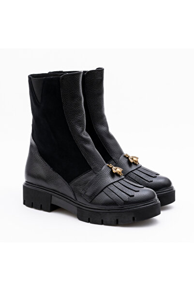 VAGAM Black Genuine Leather Boots with Low Sole