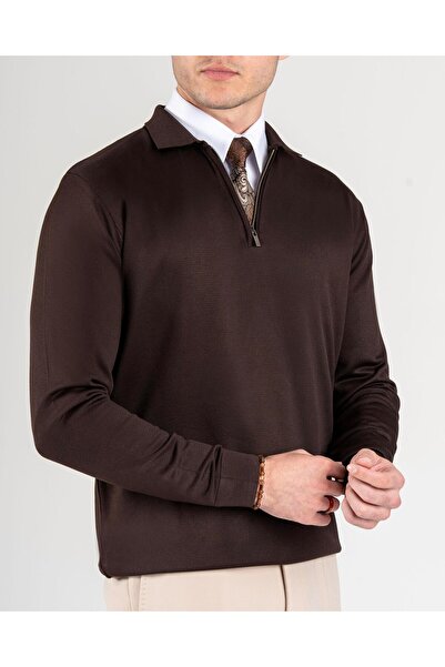 TerziAdemAltun Italian Style S Slim Fit Zipper Polo Neck Knitwear Sweater Brown T14512