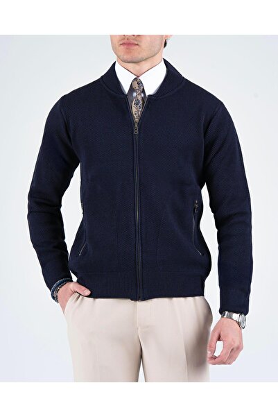 TerziAdemAltun Italian Style Men's Zipper Cardigan Navy Blue T13145
