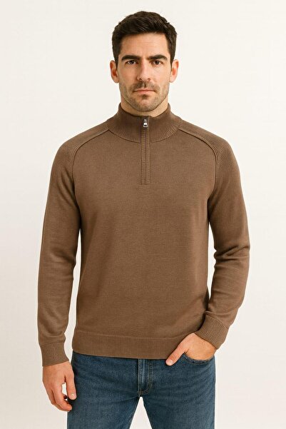 Markova Uzun Kollu Dik Yakalı Yarım Fermuarlı Viscon Karışımlı Regulear Kesim Rahat Erkek Triko Kazak 5113