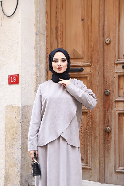 NİSUM MODA Shoulder Pleated Silk Suede Dress