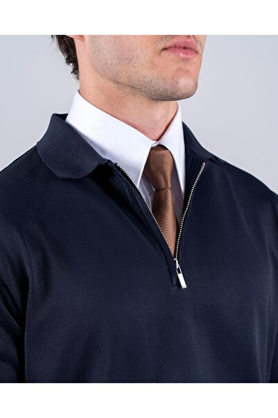 TerziAdemAltun Italian Style S Slim Fit Zipper Polo Neck Knitwear Sweater Navy Blue T14511