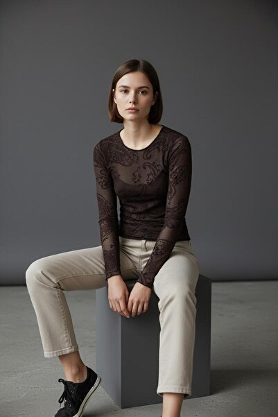 BUSEM Transparan Desenli Tül Bluz-Kahve