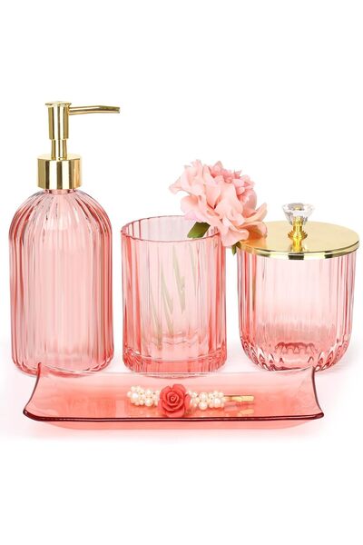 Generic مجموعة ملحقات الحمام الزجاجية الوردية المكونة من 4 قطع من هاتوري: موز...