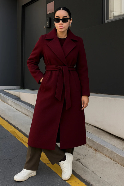 comstar Women's Double-Breasted Premium Basic Long Burgundy Cashmere Coat