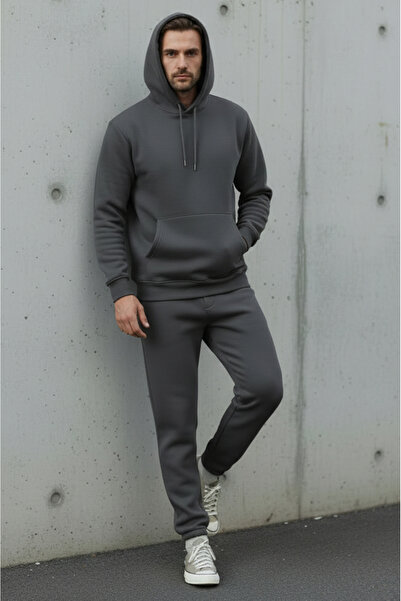 Sizce Moda Ανδρικό σετ φόρμας με κουκούλα από βαμβακερό καπνιστό βαμβάκι με 3 κλωστές με μαλακή υφή και φλις εσωτερικά