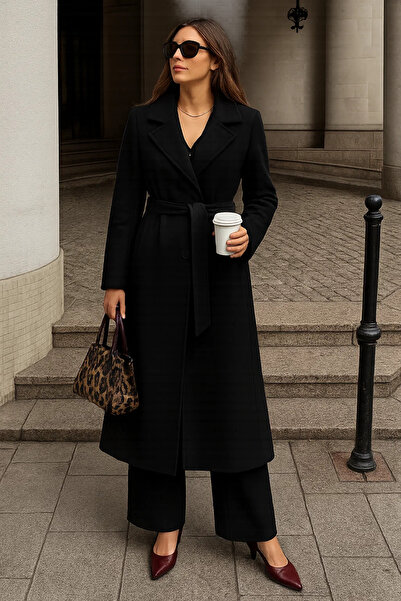 comstar Women's Winter Belted Long Double-Breasted Black Cashmere Coat