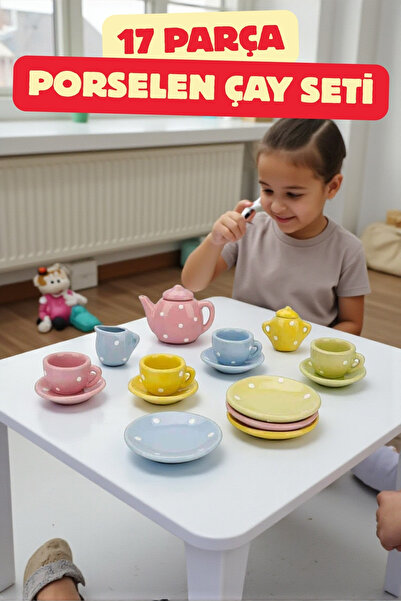 TRENDZONE Oyuncak Evcilik Seti - Oyuncak 17 Parça Puantiyeli Porselen Çay Seti