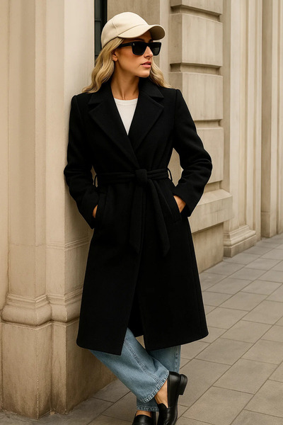 comstar Women's Winter Trend Belted Long Black Cashmere Coat