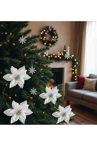 ZUMRANKA 2 Adet Yılbaşı Çam Ağacı Süsü Ponsetya Çiçek Büyük Simli Işıltı Deta...