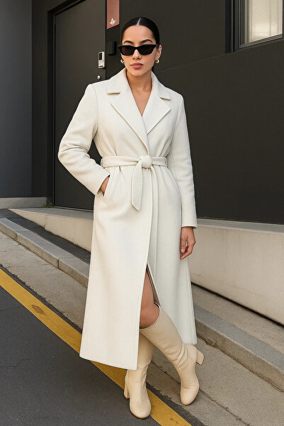 comstar Women's Double-Breasted Premium Basic Long White Cashmere Coat