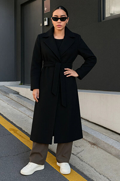 comstar Women's Double-Breasted Premium Basic Long Black Cashmere Coat