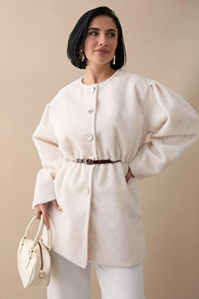 RFK Butik Women's Button Detailed Belted New Season Thai Feather Jacket - Cream