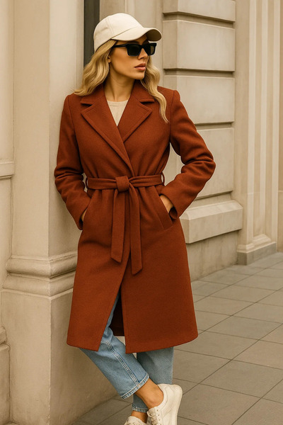 comstar Women's Winter Trend Belted Long Tile Cashmere Coat