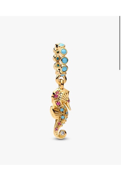 POSEİDONS JEWELLERY S925 Sterling Silver Gold Color Seahorse Dangle Charm with Colored Stones