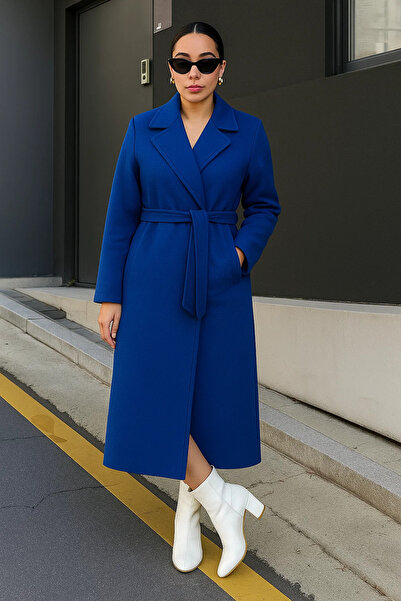 comstar Women's Double-Breasted Premium Basic Long Blue Cashmere Coat