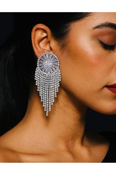 COCOSH TAKI Gümüş renk zirkon taşlı püskül model abiye küpe