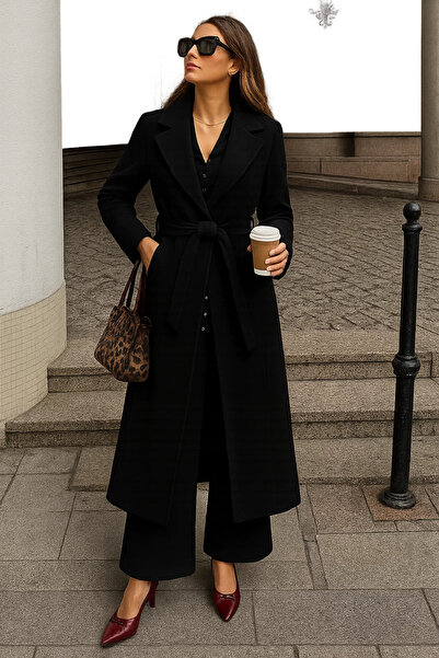 comstar Women's Winter Belted Long Double-Breasted Black Cashmere Coat