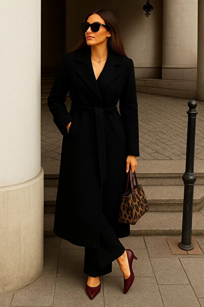 comstar Women's Winter Belted Long Double-Breasted Black Cashmere Coat