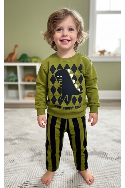 Alvadonna Boy's Set with Relief Dinosaur Printed Bottom and Top