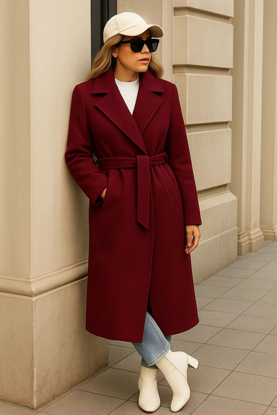 comstar Women's Winter Trend Belted Long Burgundy Cashmere Coat
