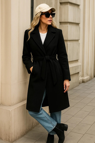 comstar Women's Winter Trend Belted Long Black Cashmere Coat