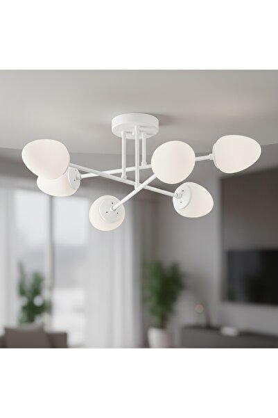 MOİRA Beyaz 6'lı Plafonyer Avize Opal Camlı Genç Odası E14 Duylı,CAMFLO-10385