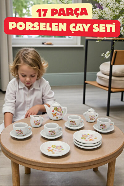 TRENDZONE Oyuncak Evcilik Seti - Oyuncak 17 Parça Kalpli Çiçekli Porselen Çay...
