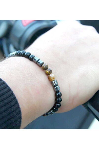 esha Natural Stone Men's Tiger's Eye Onyx Hematite Natural Stone Necklace Bracelet Set Eus1Kho