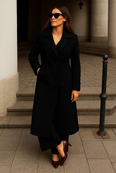 comstar Women's Winter Belted Long Double-Breasted Black Cashmere Coat