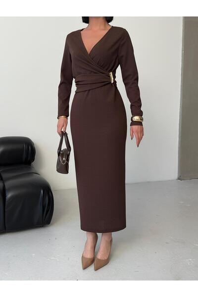 aytenli Φόρεμα διπλό πέτο με μακρύ μανίκι με κορδόνι που δένει το καπίστρι, με λεπτομέρεια στη μέση και λεπτομέρεια στο πίσω μέρος, μεγάλου μεγέθους άνοιγμα Maxi φόρεμα από κρεπ