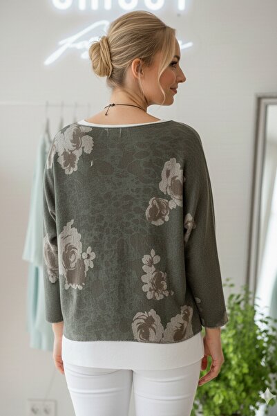 Chiccy Italian Khaki Pool Collar Long Sleeve Patterned Thin Two-Piece Set Inside Sleeveless Combed Knitwear Blouse 70 60