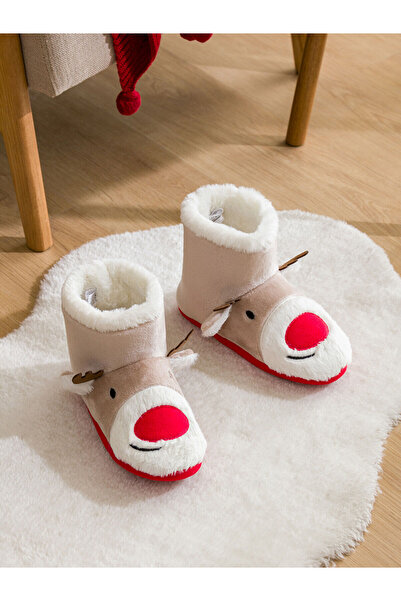 LC Waikiki Γυναικείες μπότες μπεζ-κόκκινο-λευκό βελούδινο σπίτι - Κεντημένο ελάφι