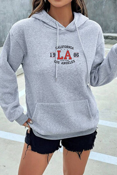 EydaMoon Women's Winter Cotton California Printed Hooded Kangaroo Pocket Regular Sweatshirt