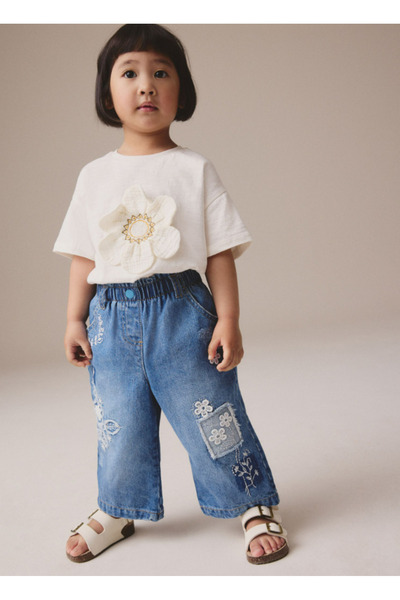 Pink Hippo Kids Pantaloni din denim pentru fete, cu flori croșetate W croi la...