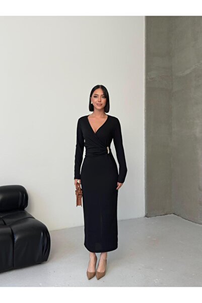 aytenli Double-Breasted Collar Long Sleeve Gathered Accessory Waistband Detail Back Slit Maxi Length Crepe Dress