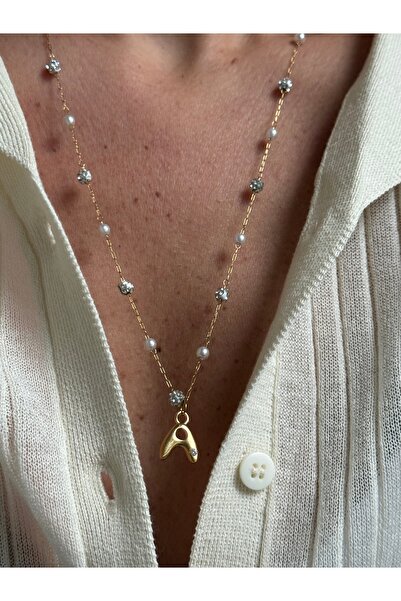 Rossetto Atelier Paslanmaz Çelik A Harfli İncili Zincirli Merci Kolye