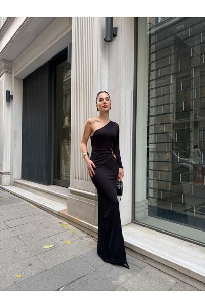 YK FASHION Tek Kol Bel Dekolte Detaylı Elbise